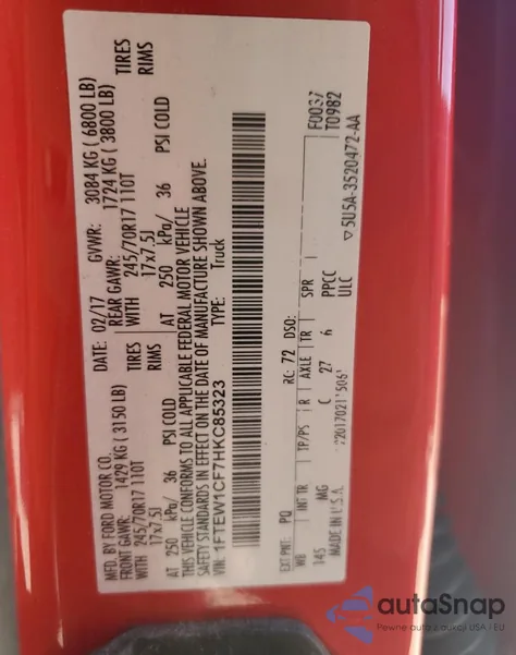 2017 Ford F150 Supercrew z USA, uszkodzony, nr VIN 1FTEW1CF7HKC85323